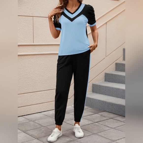 Women's Contrast Color V-Neck Short Sleeve Top & Long Pants Set - Picture 5 of 5